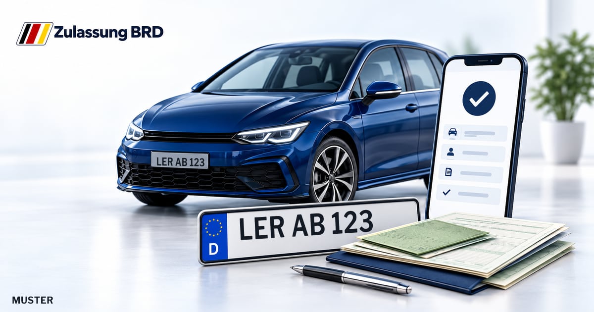 Online Fahrzeugzulassung in Rhauderfehn: Musterkennzeichen LER AB 123, Auto und Fahrzeugpapiere und Smartphone. Illustration mit Logo von Zulassung BRD.